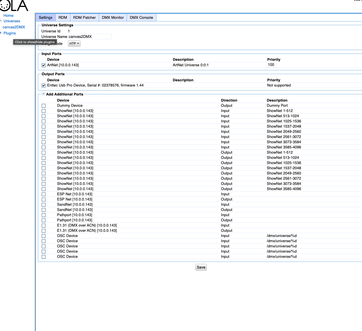 OLA Universe Settings — ArtNet input patched to ENTTEC output